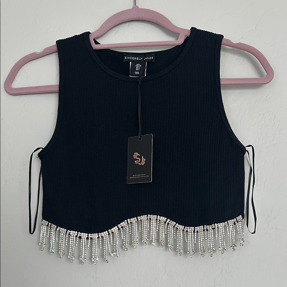 Sincerly Jules Black Beaded Fringe Crop Top